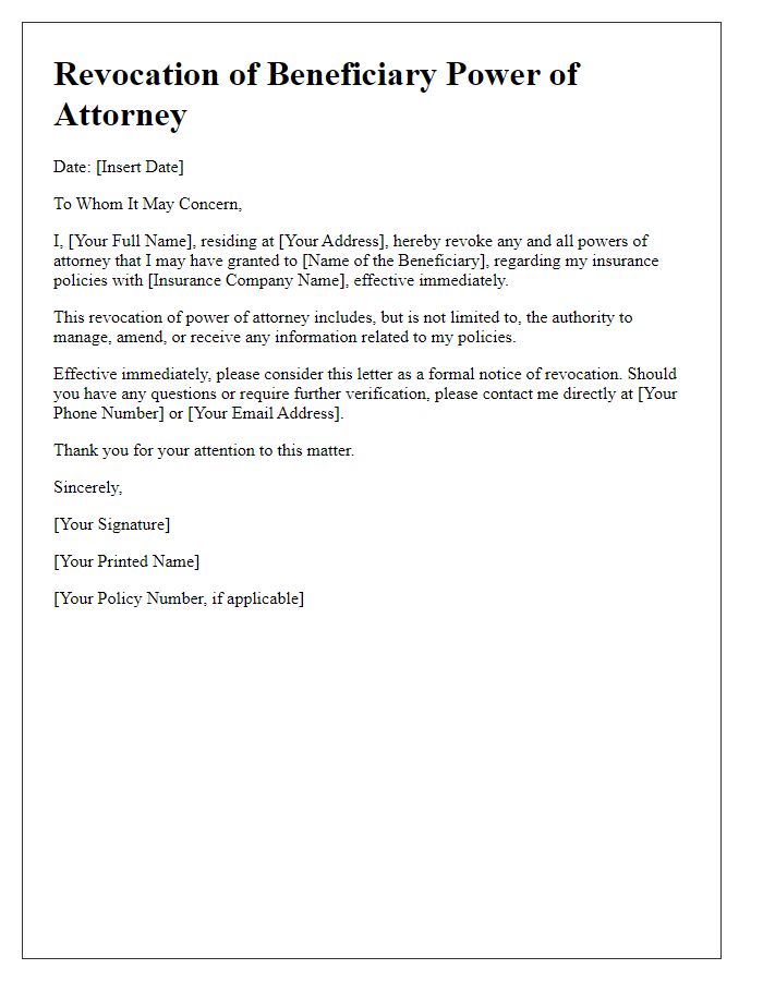 Letter template of beneficiary power of attorney revocation for insurance companies.