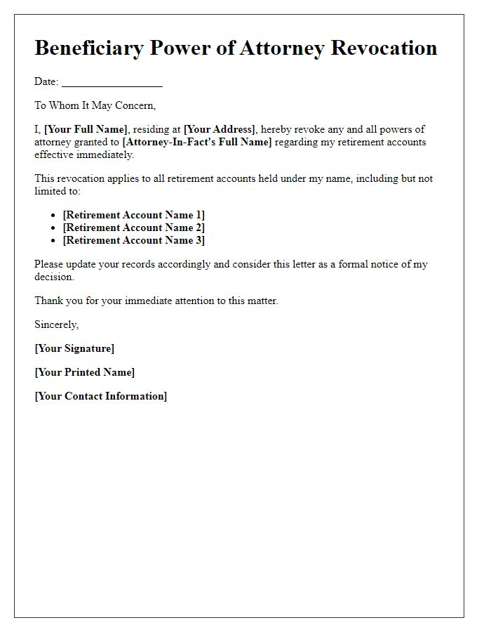 Letter template of beneficiary power of attorney revocation for retirement accounts.