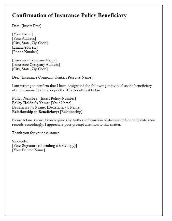 Letter template of confirmation letter for insurance policy beneficiary