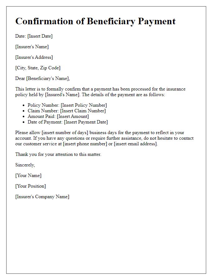 Letter template of confirmation of beneficiary payment for insurance