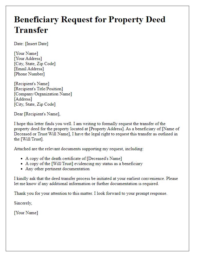 Letter template of beneficiary request for property deed transfer