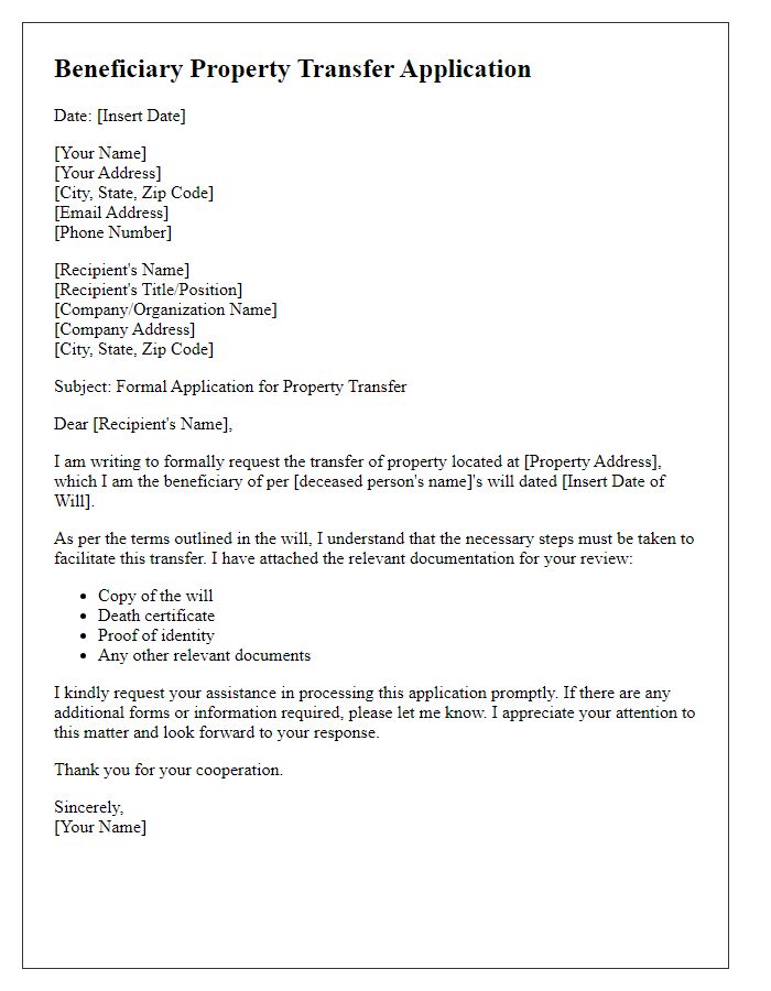 Letter template of formal beneficiary property transfer application