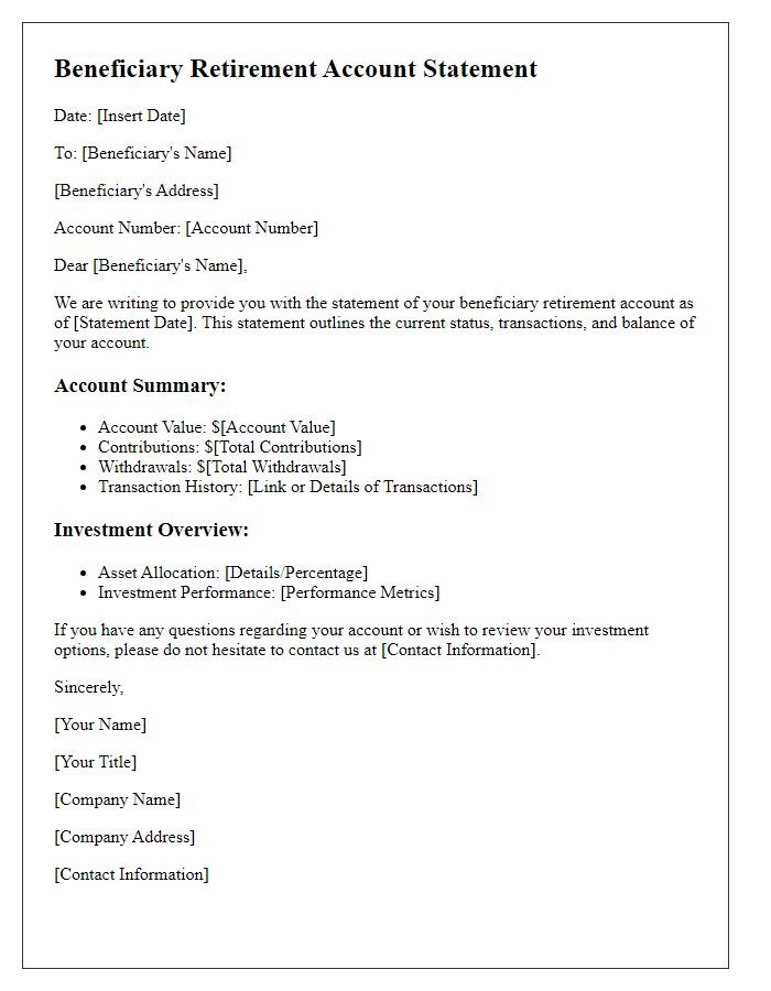 Letter template of beneficiary retirement account statement for account review.