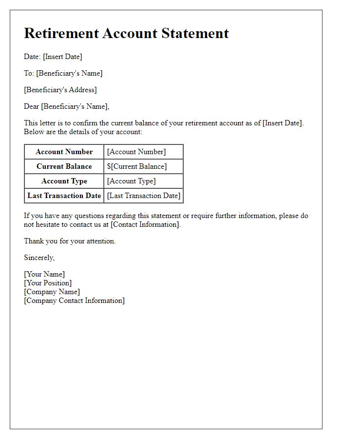 Letter template of beneficiary retirement account statement for balance inquiry.