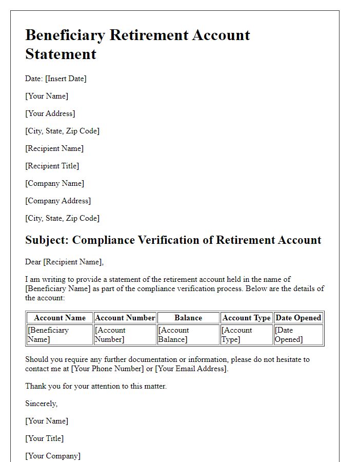 Letter template of beneficiary retirement account statement for compliance verification.