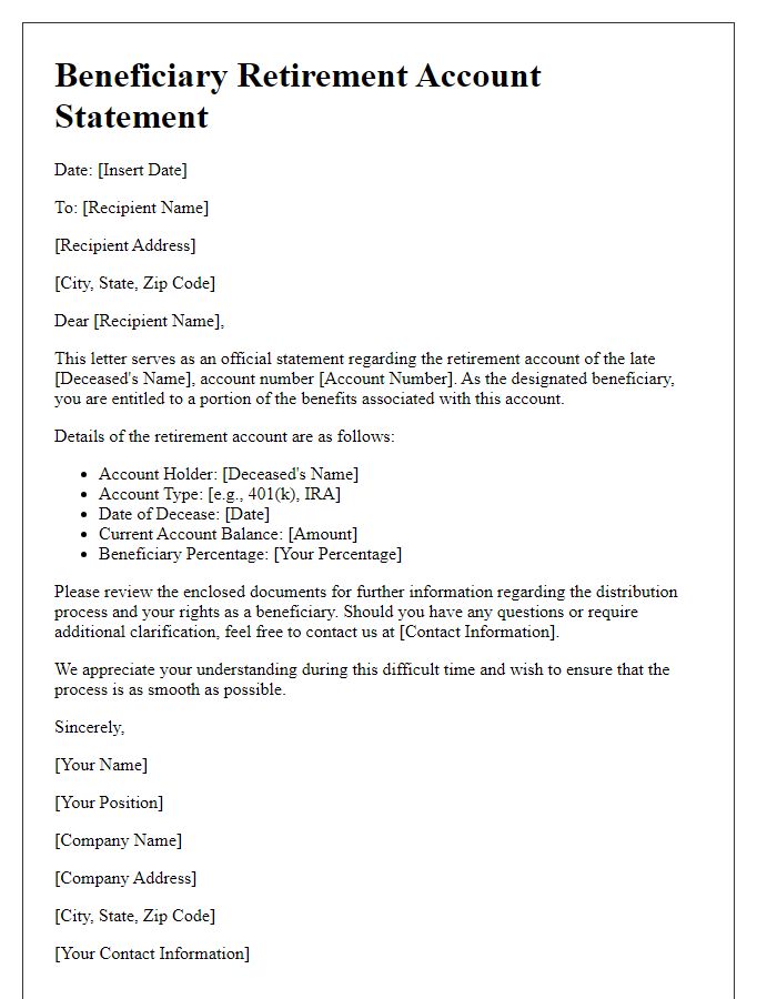 Letter template of beneficiary retirement account statement for inheritance clarification.