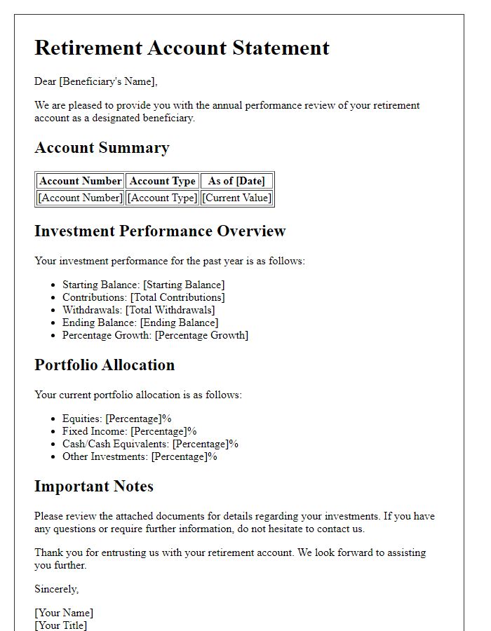 Letter template of beneficiary retirement account statement for investment performance review.