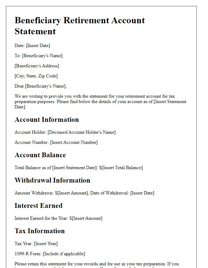 Letter template of beneficiary retirement account statement for tax preparation.