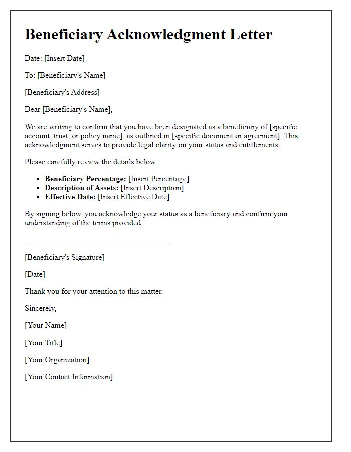 Letter template of beneficiary acknowledgment for legal clarity.