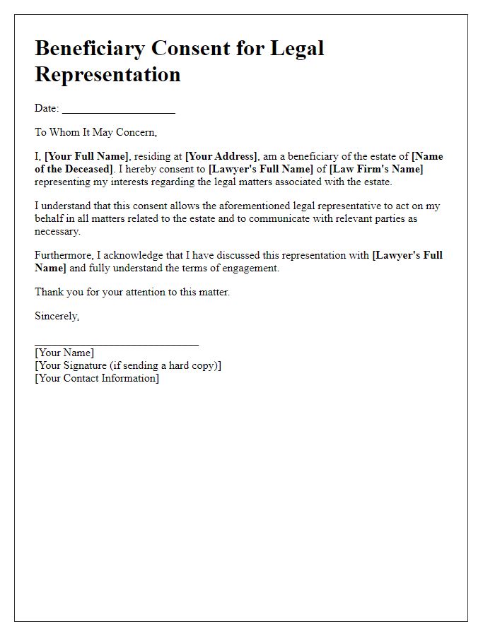 Letter template of beneficiary consent for legal representation.