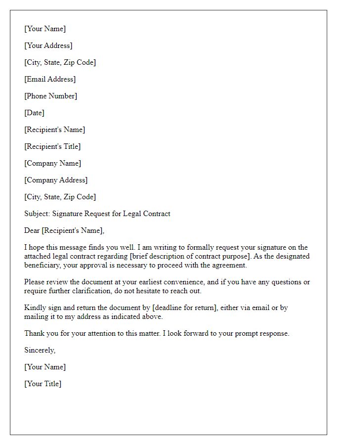 Letter template of beneficiary signature request for legal contracts.