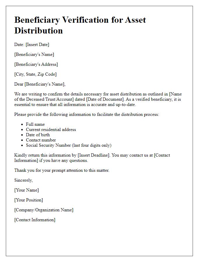 Letter template of beneficiary verification for asset distribution.