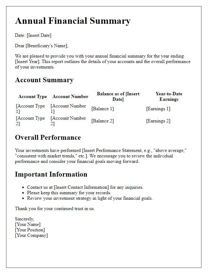 Letter template of annual financial summary for beneficiary accounts