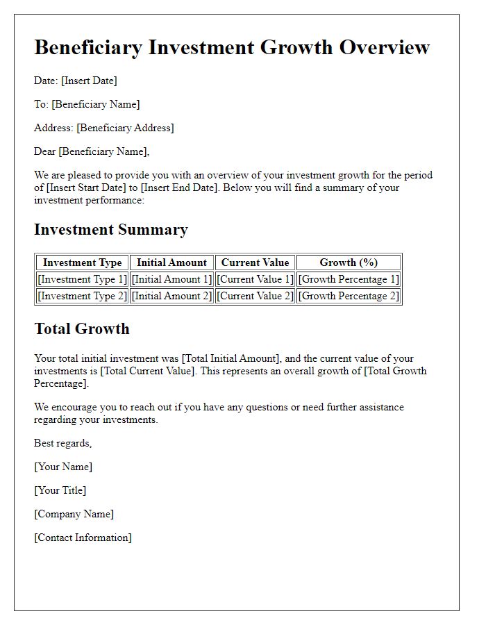 Letter template of beneficiary investment growth overview