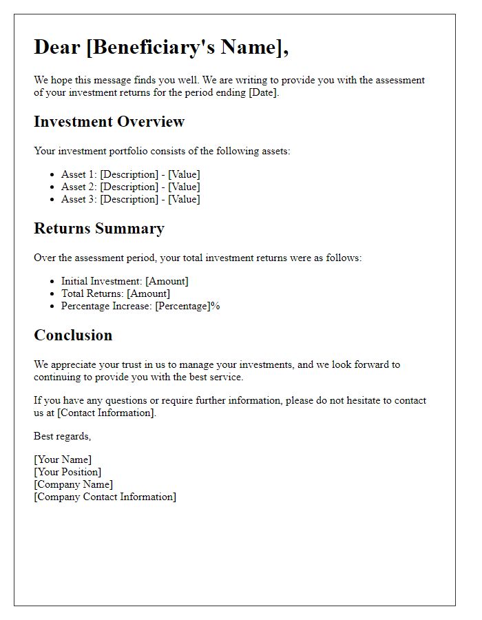 Letter template of beneficiary investment returns assessment