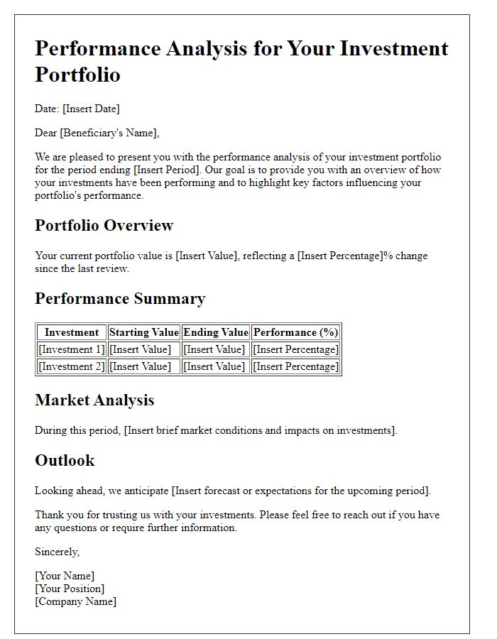 Letter template of performance analysis for beneficiary investment portfolios