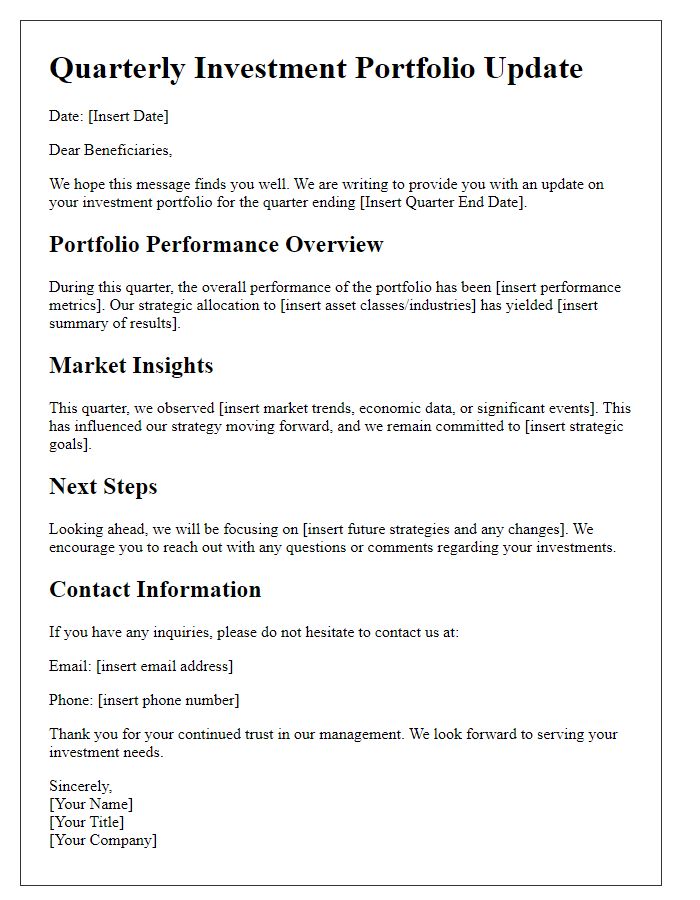 Letter template of quarterly investment portfolio update for beneficiaries