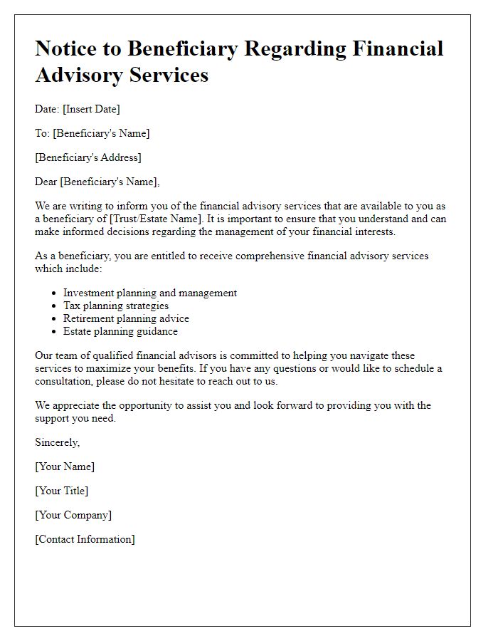 Letter template of beneficiary notice regarding financial advisory services