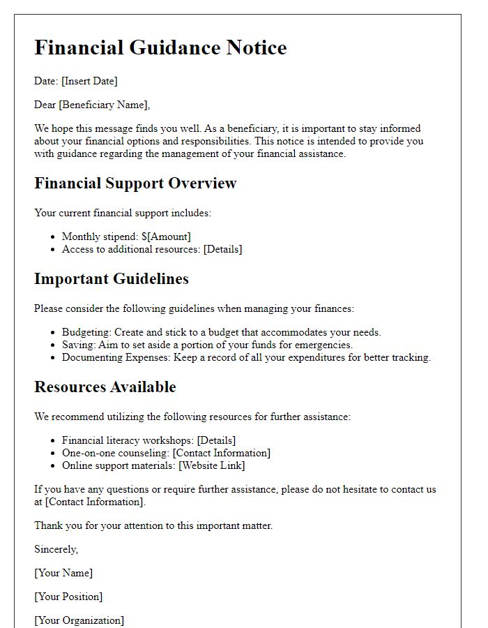 Letter template of financial guidance notice for beneficiaries