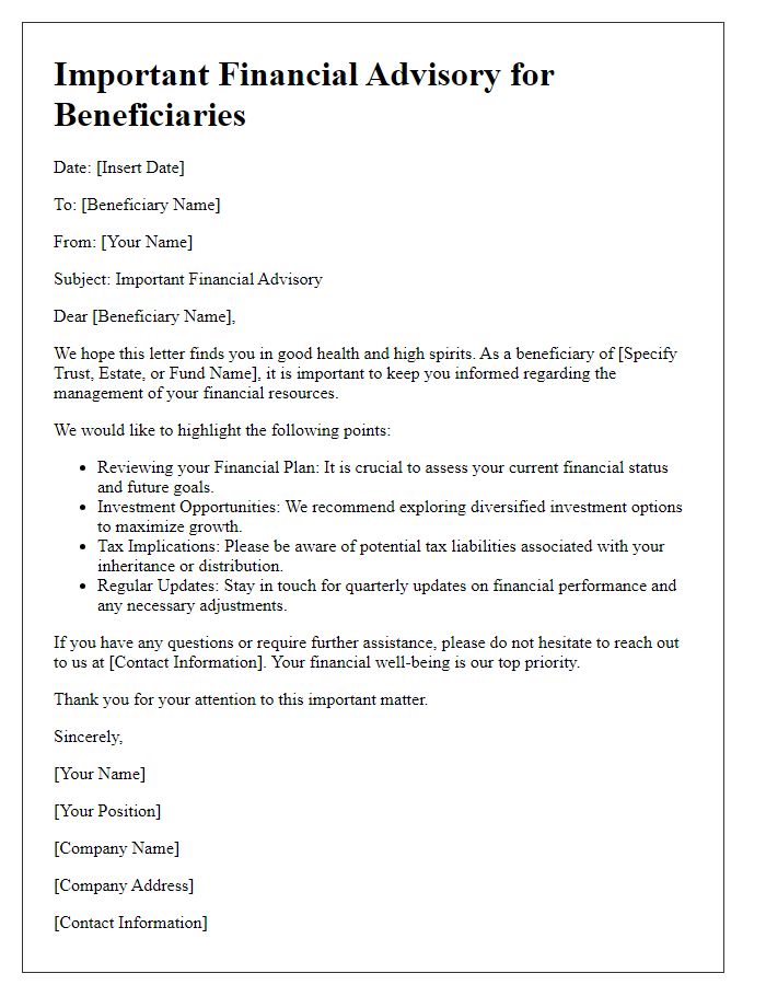 Letter template of important financial advisory for beneficiaries