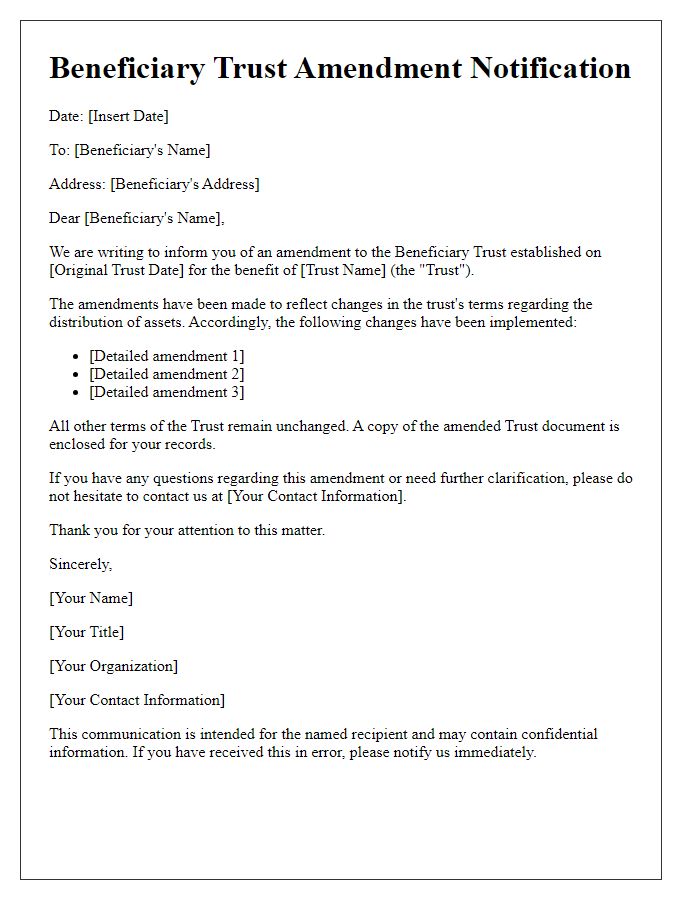 Letter template of beneficiary trust amendment advisement