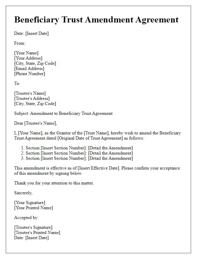 Letter template of beneficiary trust amendment agreement