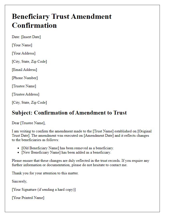 Letter template of beneficiary trust amendment confirmation