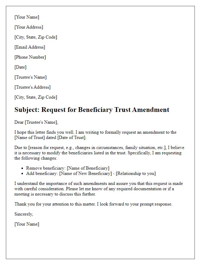 Letter template of beneficiary trust amendment request