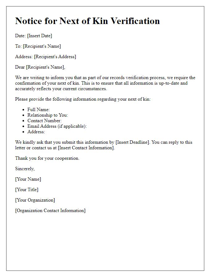 Letter template of notice for next of kin verification