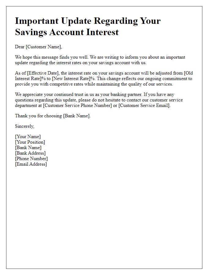 Letter template of important update on savings account interest.