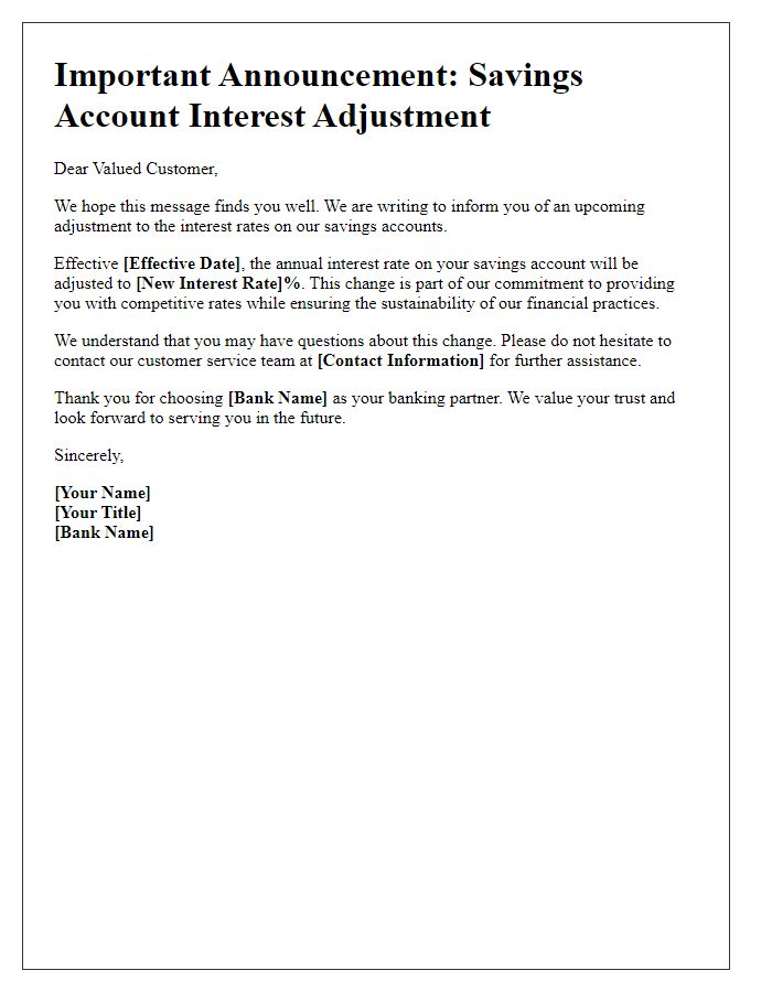 Letter template of savings account interest adjustment announcement.