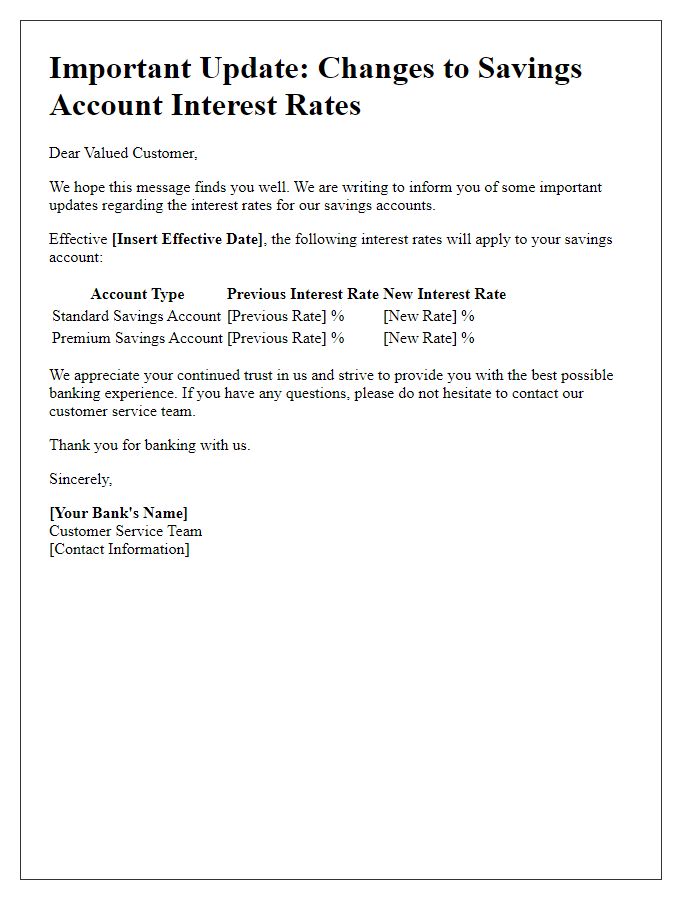 Letter template of updated interest rates for savings accounts.