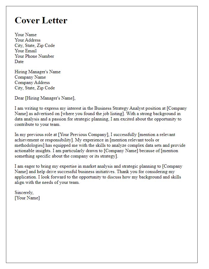 Letter template of cover letter for business strategy analyst