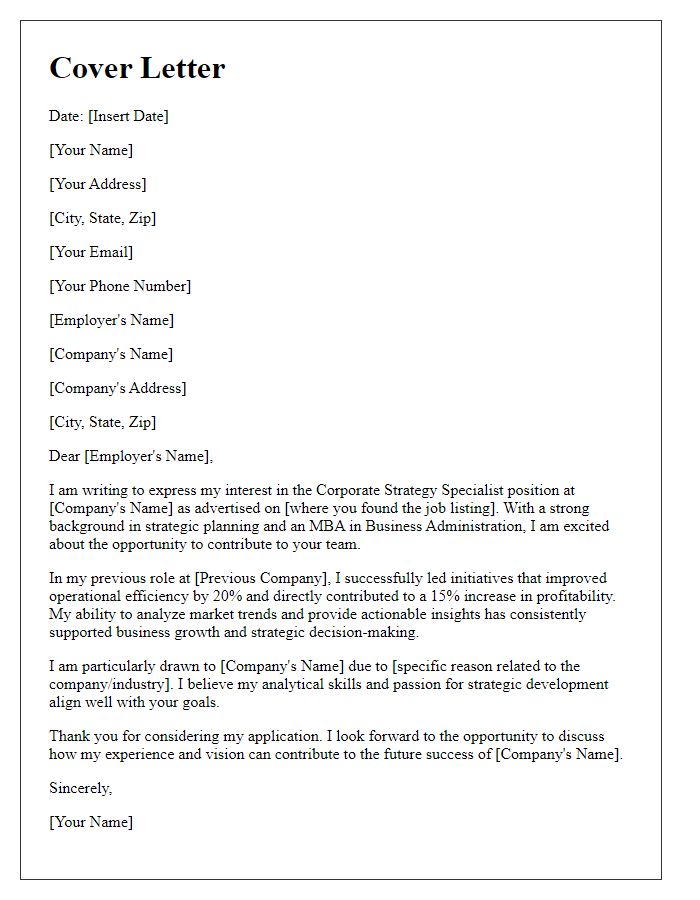 Letter template of cover letter for corporate strategy specialist