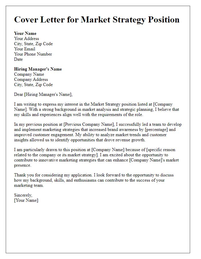 Letter template of cover letter for market strategy position