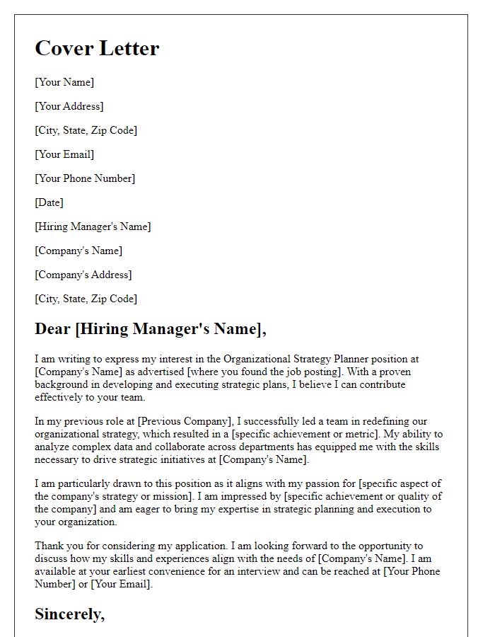 Letter template of cover letter for organizational strategy planner