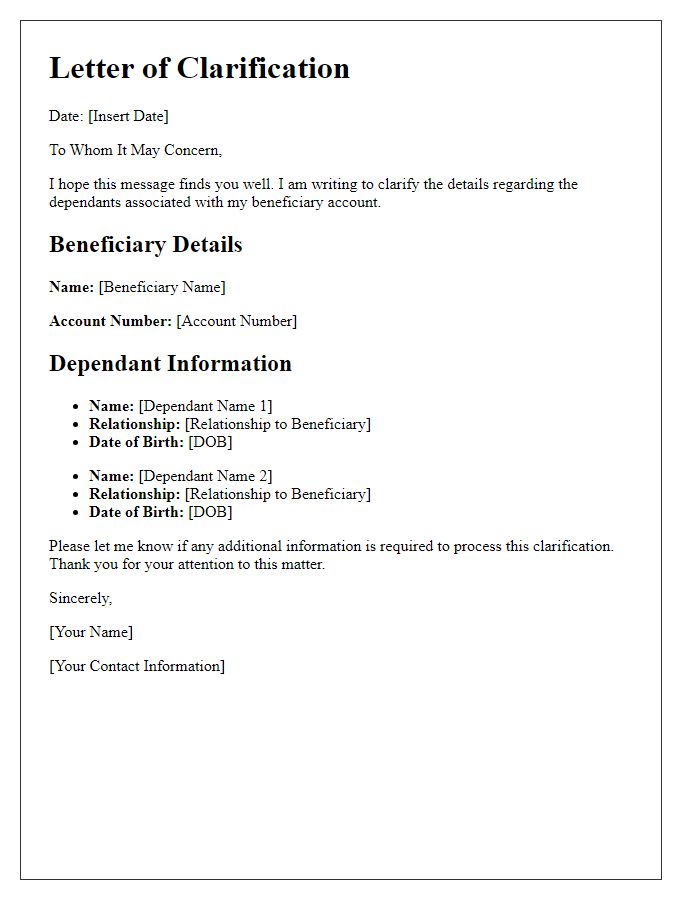 Letter template of beneficiary dependant details clarification