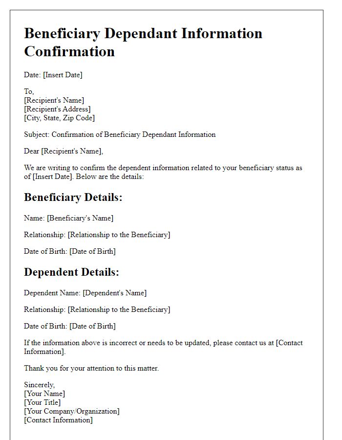 Letter template of beneficiary dependant information confirmation