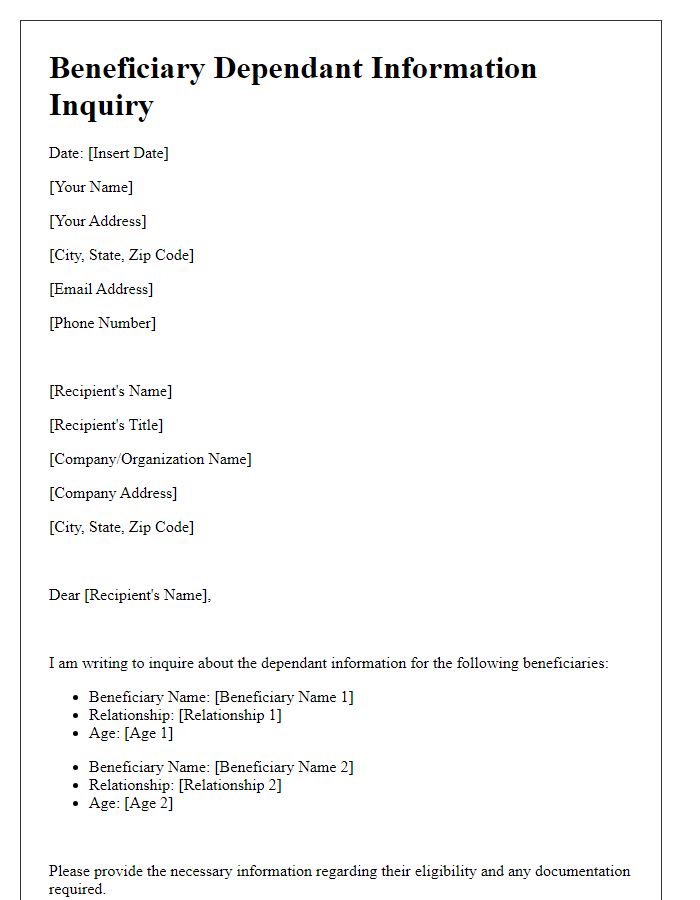 Letter template of beneficiary dependant information inquiry