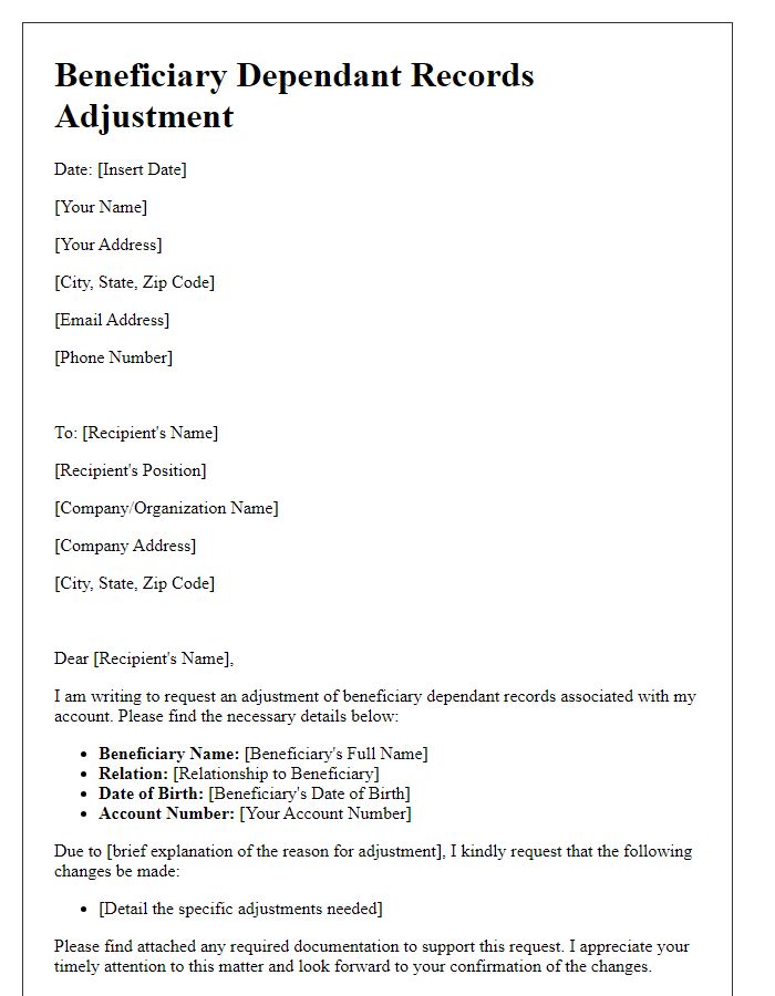 Letter template of beneficiary dependant records adjustment