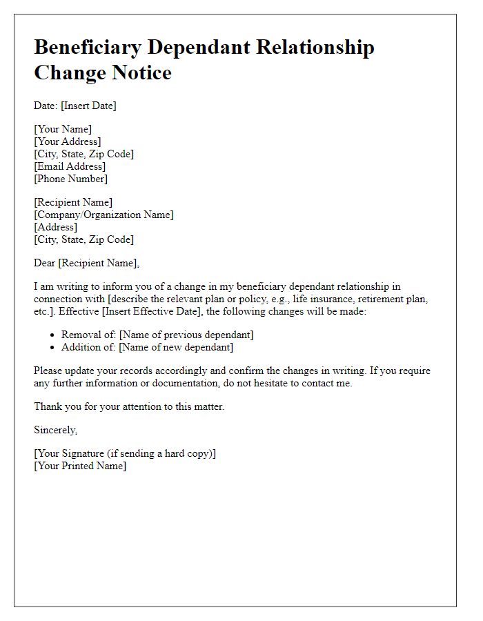 Letter template of beneficiary dependant relationship change notice