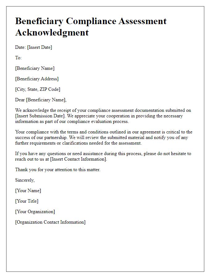 Letter template of beneficiary compliance assessment acknowledgment