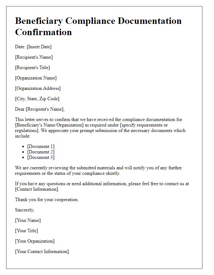 Letter template of beneficiary compliance documentation confirmation