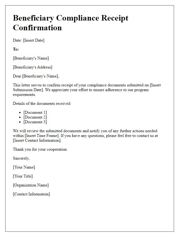 Letter template of beneficiary compliance receipt confirmation