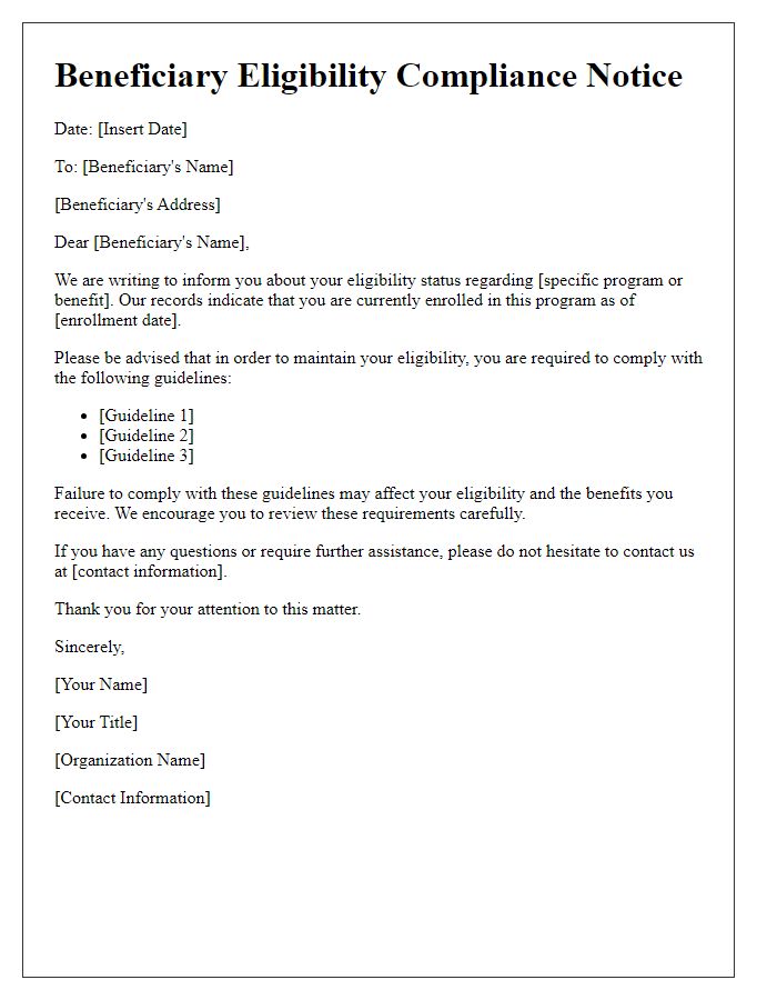 Letter template of beneficiary eligibility compliance notice