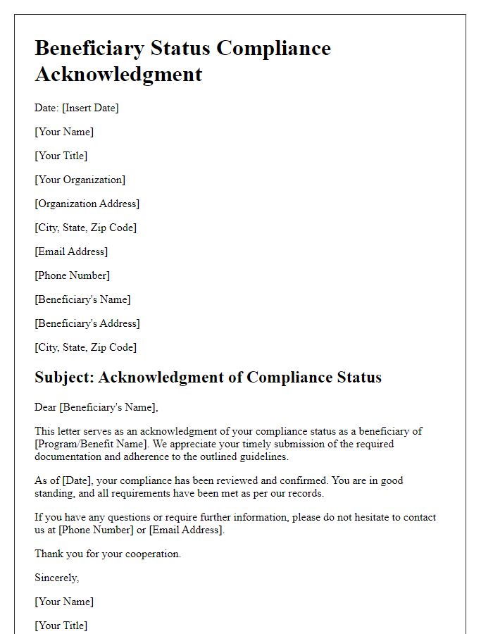 Letter template of beneficiary status compliance acknowledgment