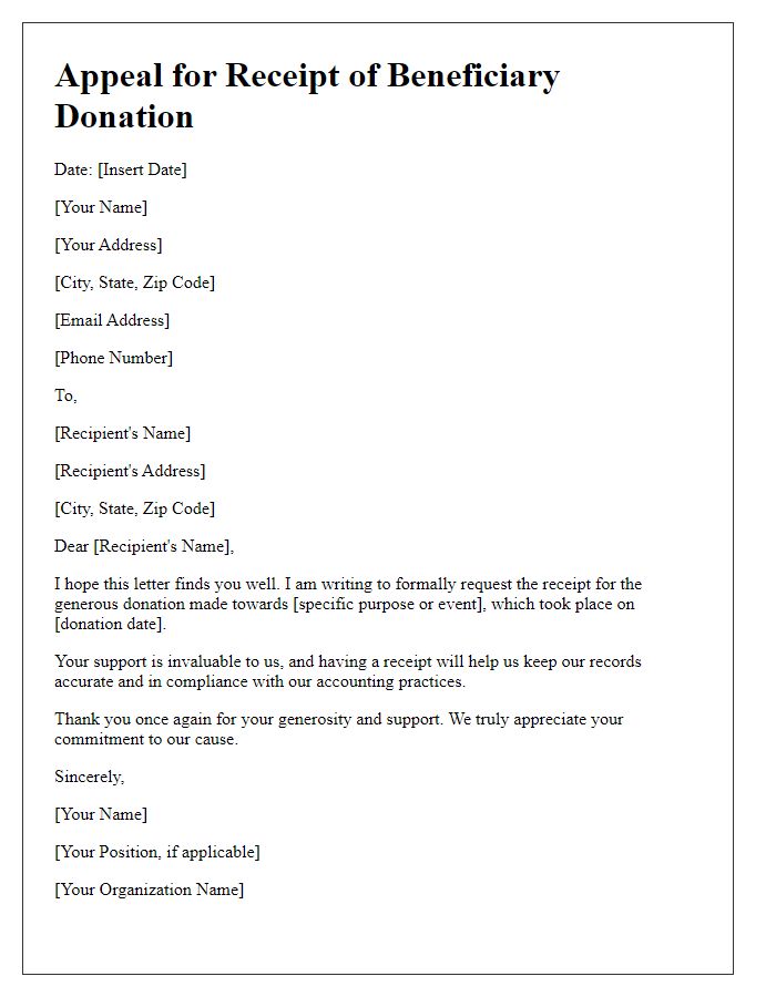 Letter template of appeal for receipt of beneficiary donation