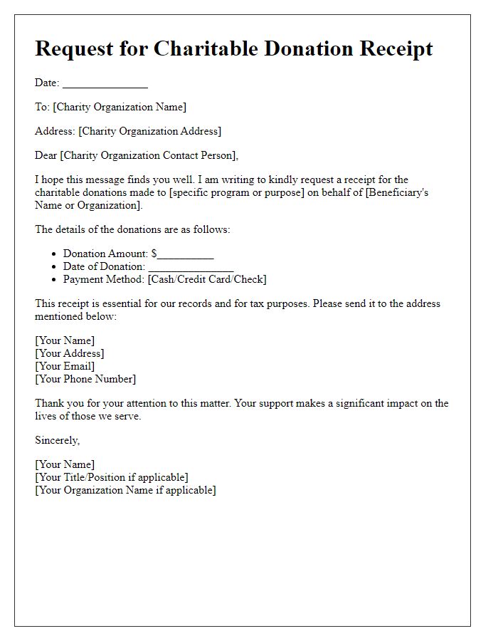 Letter template of request for charitable donation receipt for beneficiaries