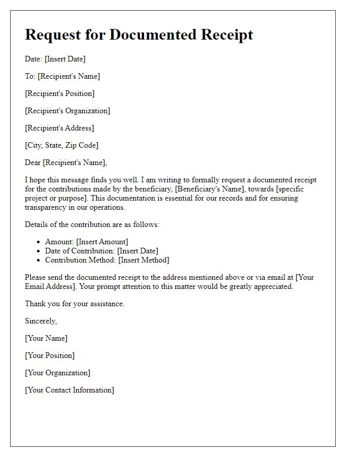 Letter template of request for documented receipt for beneficiary contribution