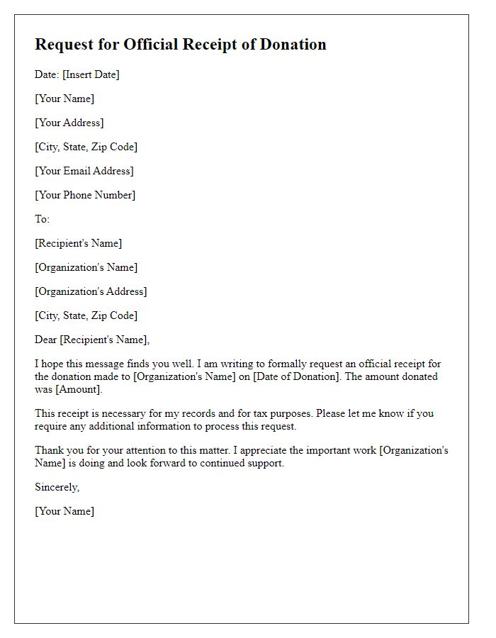 Letter template of request for official receipt of beneficiary donation